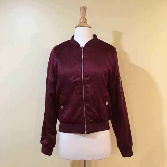 Burgundy Quilted Satin Zip Front Bomber Jacket - Picture 5 of 8